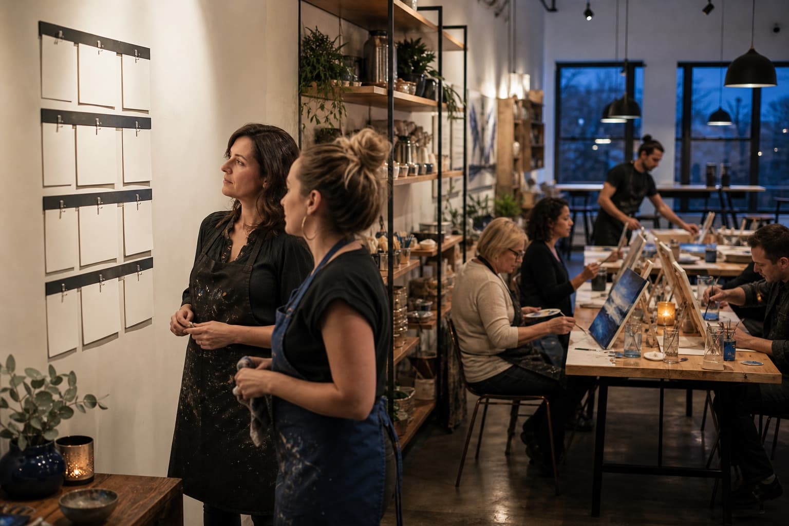 Two studio operators reviewing a live paint and sip class