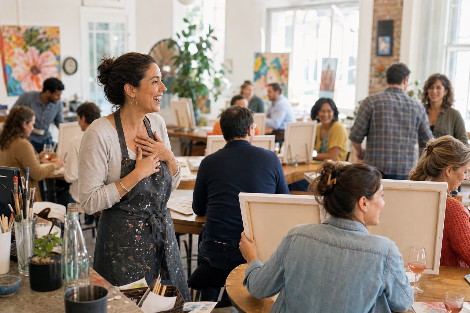 A studio owner welcoming guests to a busy paint-and-sip class