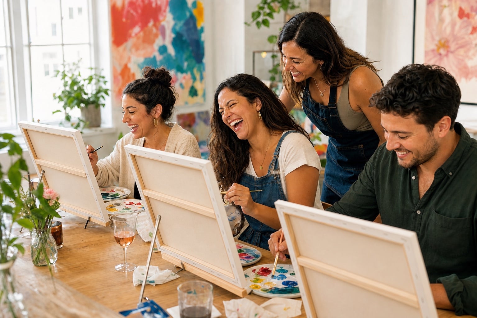 A bright paint-and-sip class laughing and painting together