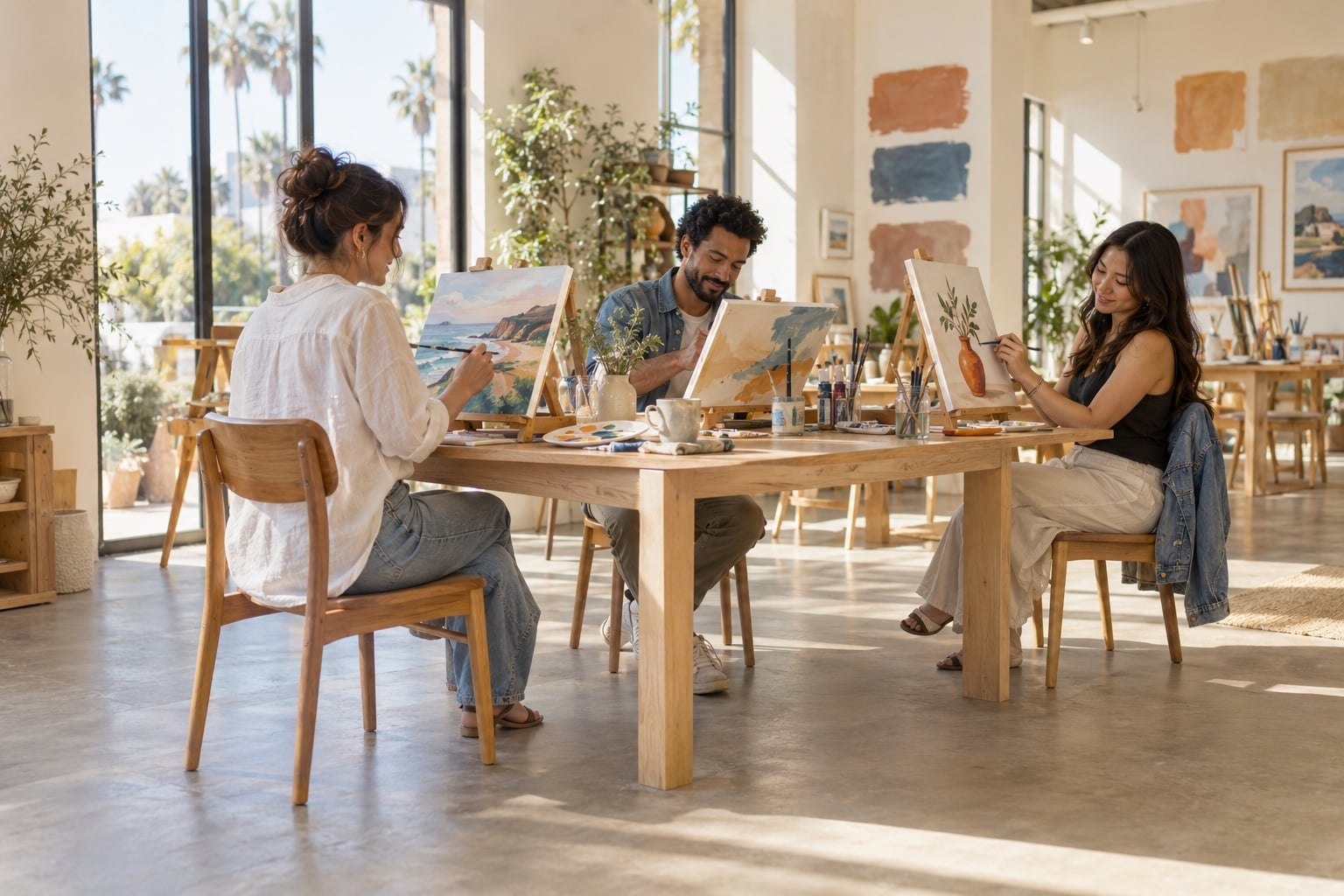 Three guests painting different canvases at their own pace in a sunny LA Paints demo studio