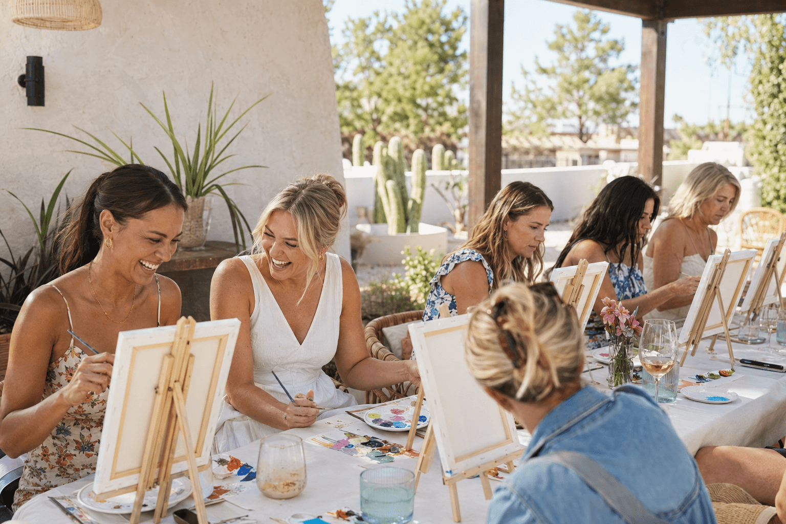 Friends painting and laughing at a sunlit bridal shower on a Scottsdale-style patio