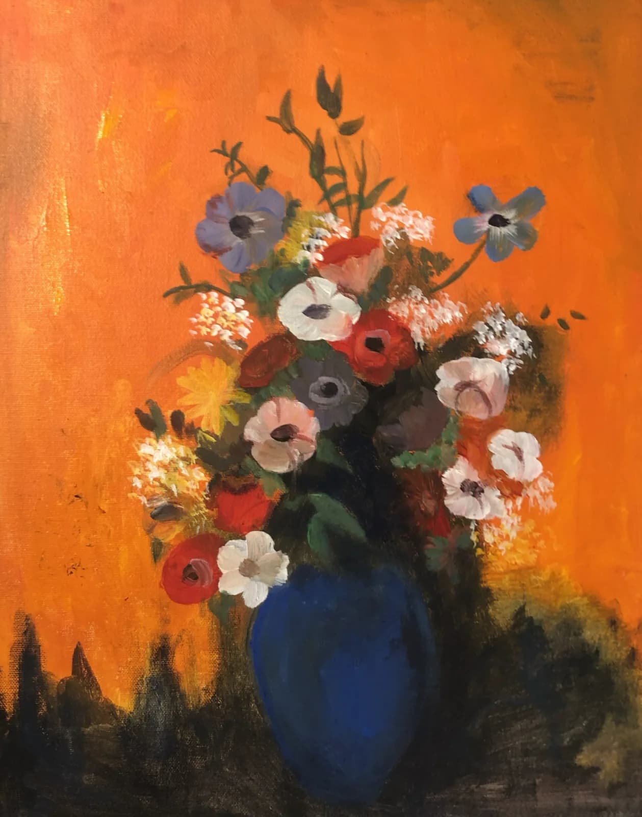 Mimosas, Anemones and Leaves in a Blue Vase/u